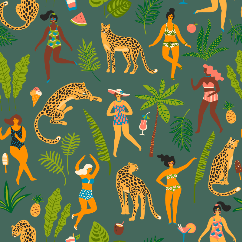Alfombra vinílica animales mujeres y fondo de leopardo - TenVinilo