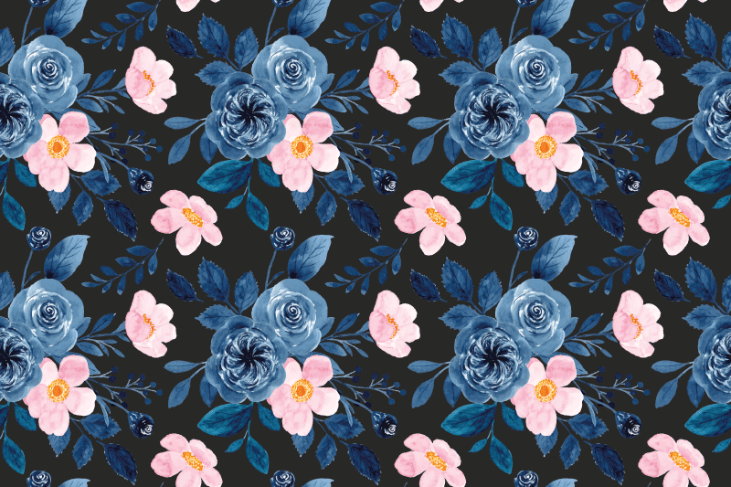 Alfombra vinílica flores patrón azul y rosa sobre negro - TenVinilo