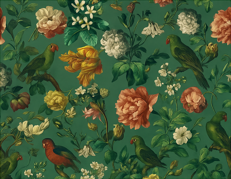 Alfombra vinílica dormitorio diseño flores y pájaros verdes - TenVinilo