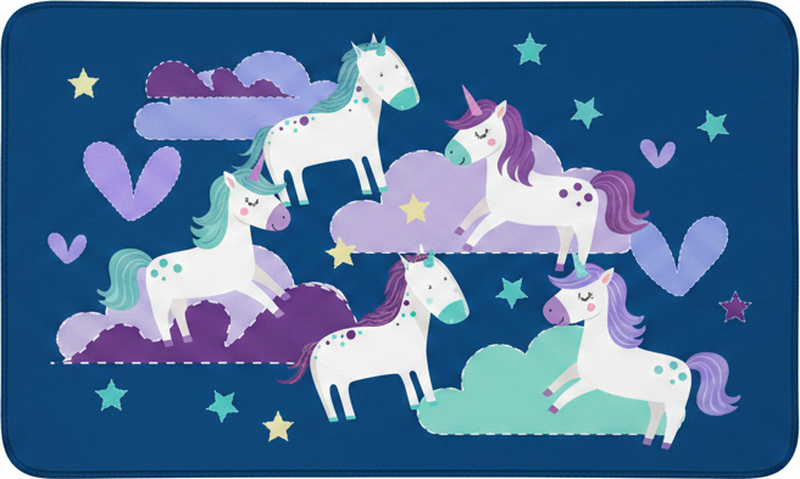 Alfombra vinílica infantil unicornios con nubes y estrellas - TenVinilo