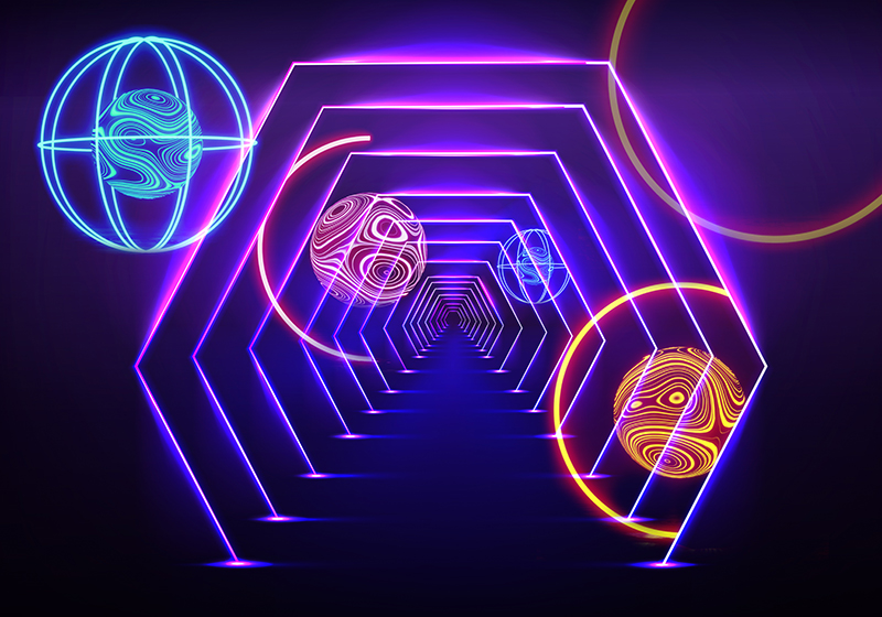 Alfombra vinílica morada vista de túnel hexagonal neon - TenVinilo