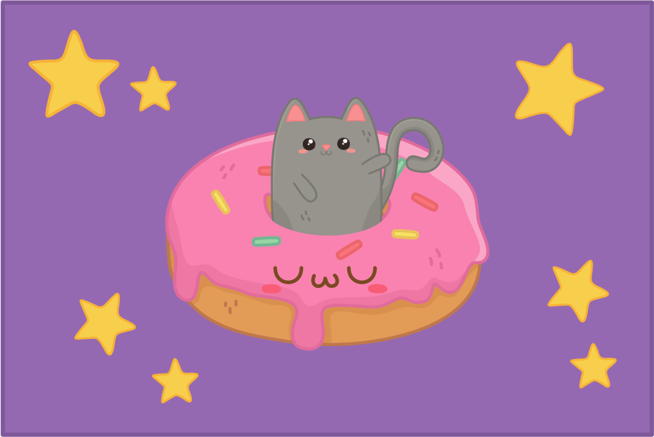 Alfombra vinílica morada gato y donut - TenVinilo