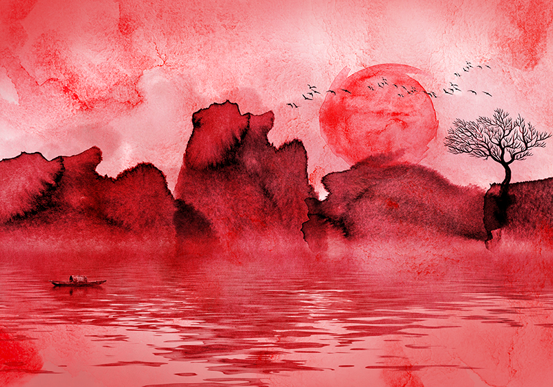 Alfombra vinílica roja paisaje de tinta china - TenVinilo