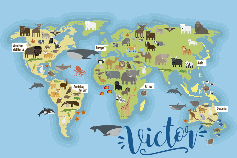 Alfombra vinílica infantil mapamundi fauna - TenVinilo