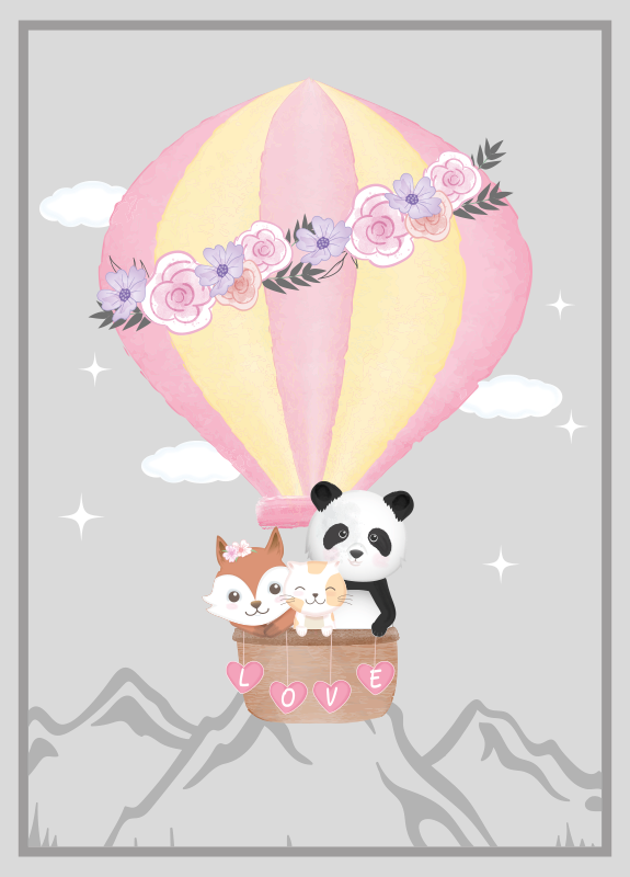 Alfombra vinílica bebé Animales nórdicos en globo aerostático. - TenVinilo