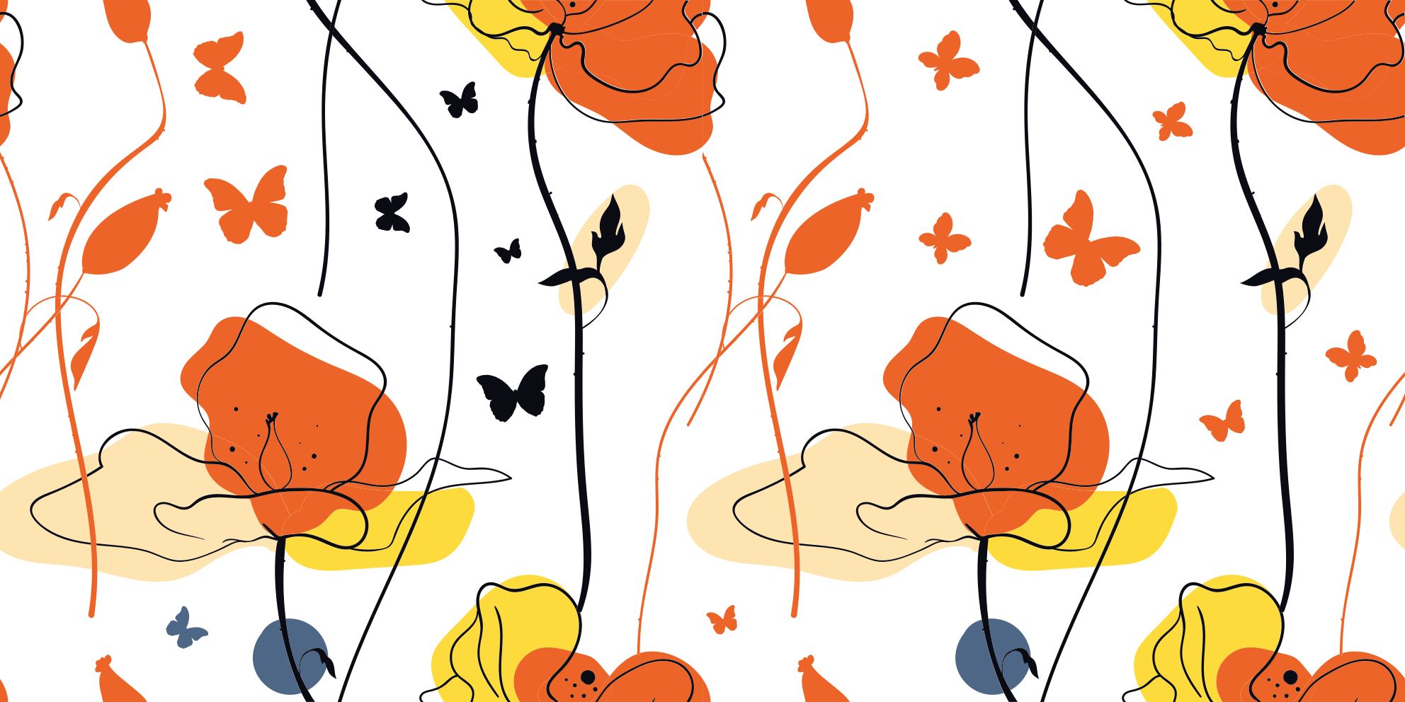 Alfombra vinílica flores patrón minimalista con mariposas. - TenVinilo