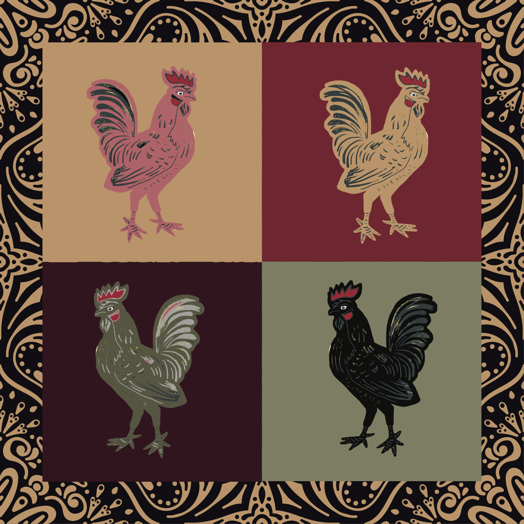Alfombra vinílica animales gallo en azulejos clásicos - TenVinilo
