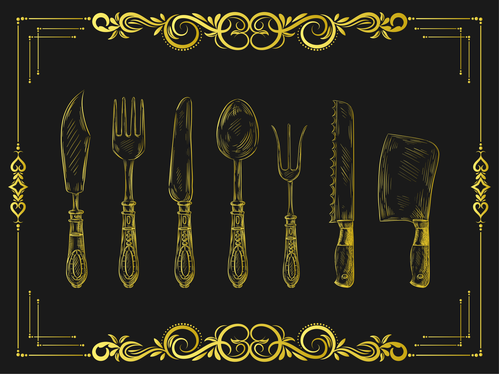 Alfombra vinilo cocina Utensilios de oro vintage sobre fondo negr - TenVinilo
