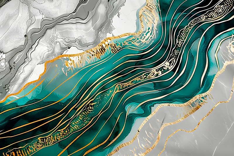 Alfombra vinílica imitación mármol gris y verde con efecto dorado - TenVinilo