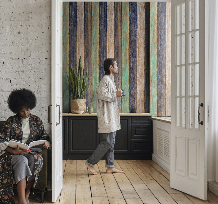 Papel mural dormitorio efecto laminado azul y marrón - TenVinilo