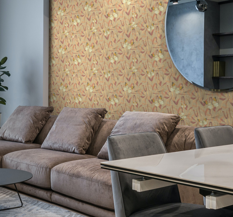 Papel mural living comedor mariposas y hojas secas - TenVinilo