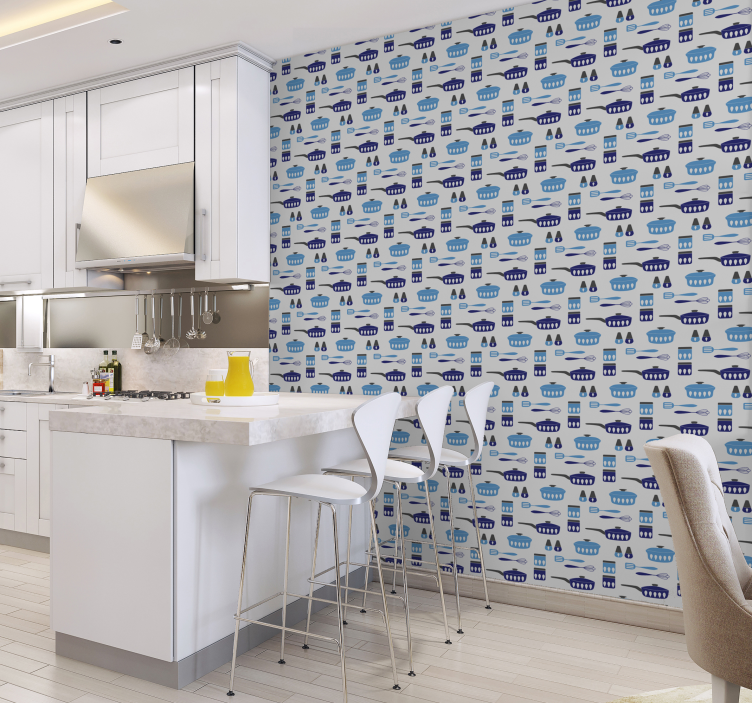 Papel pintado cocina utensilios azules - TenVinilo