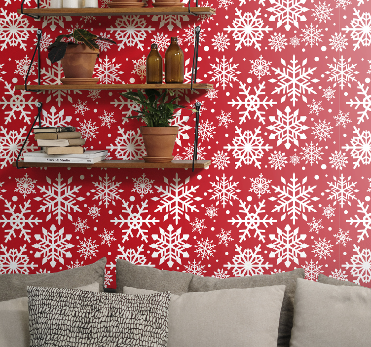 Papel mural navideño copos de nieve blancos y rojos - TenVinilo