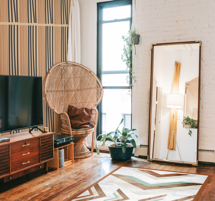 Papel mural living comedor diseño de rayas boho - TenVinilo