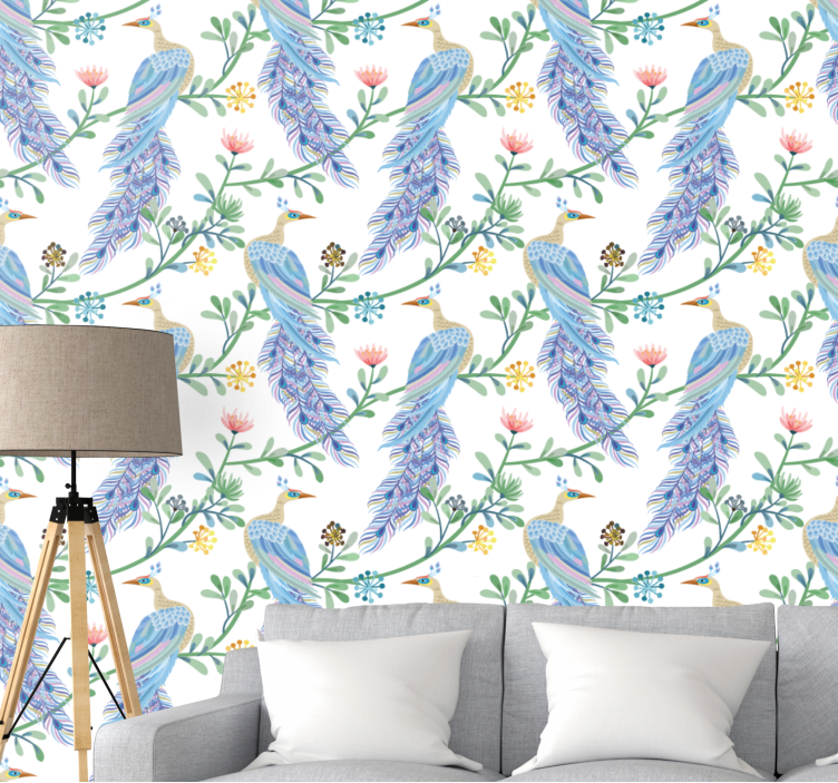 Papel mural pájaros elegante motivo de plumas azules. - TenVinilo