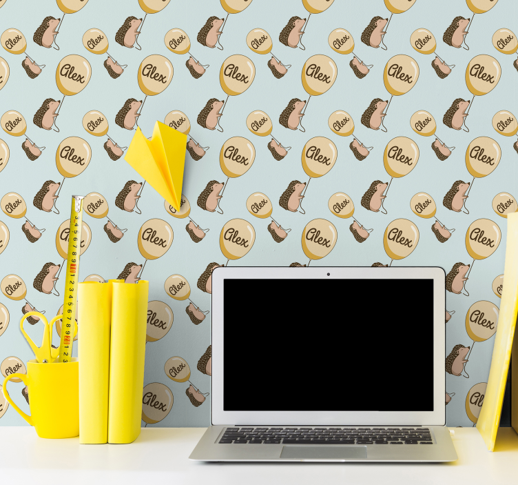 Papel mural infantil erizos con globos y nombre - TenVinilo