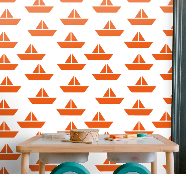 Papel mural infantil motivo de velero naranja - TenVinilo