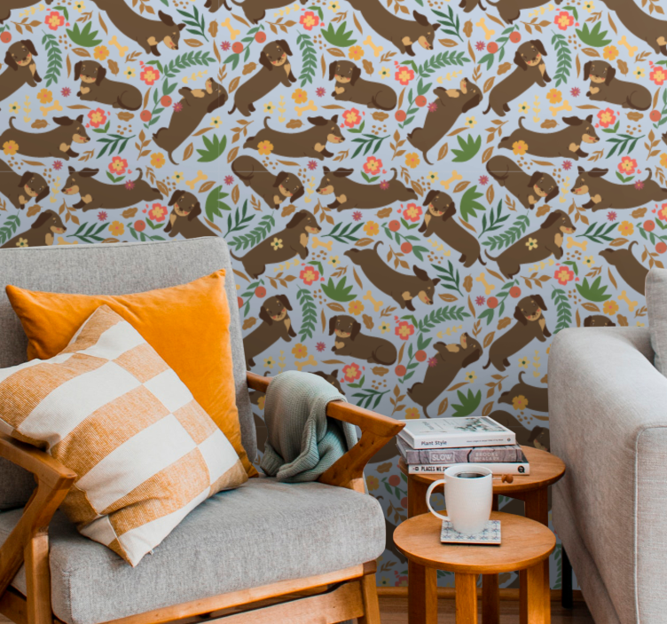 Papel mural perros patrón floral de elefante - TenVinilo