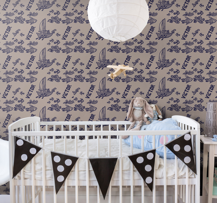 Papel mural bebé barcos de vela con nombre - TenVinilo