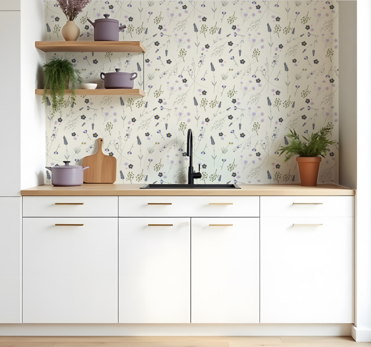 Papel mural cocina flores silvestres moradas - TenVinilo