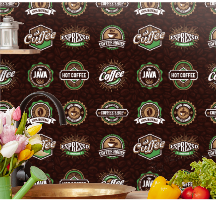 Papel mural cocina patrón de emblema de café - TenVinilo