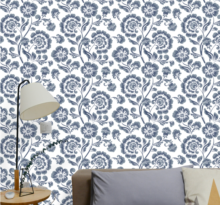 Papel mural floral estampado elegante azul marino - TenVinilo
