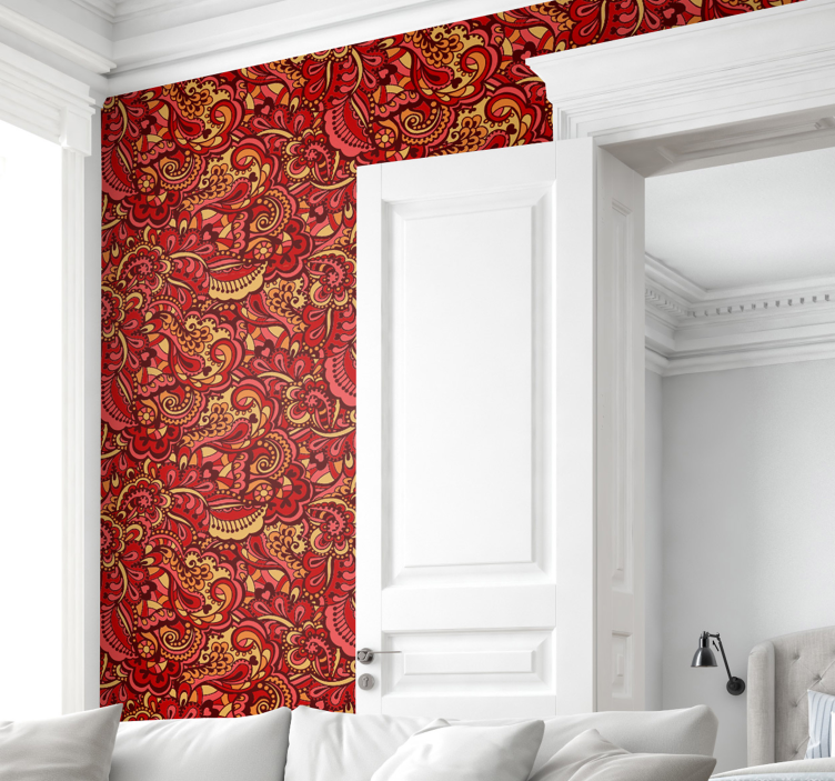 Papel mural floral patrón adornado rojo - TenVinilo