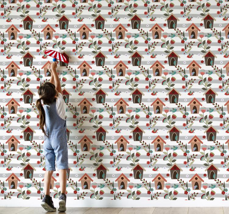 Papel mural floral patrón de casas de pájaros con encanto - TenVinilo