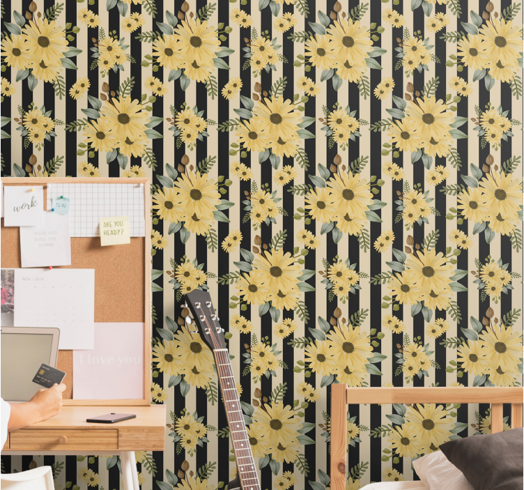 Papel mural floral patrón de girasol a rayas - TenVinilo