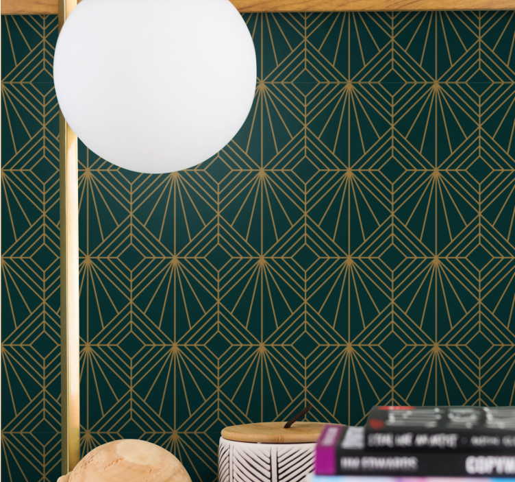 Papel mural geométrico patrón verde y dorado elegante - TenVinilo