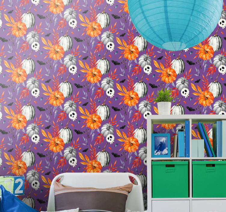 Papel mural Halloween calaveras florales naranjas - TenVinilo