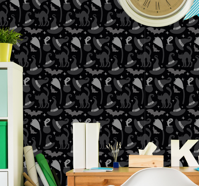 Papel mural Halloween sombreros de brujas y fantasmas - TenVinilo