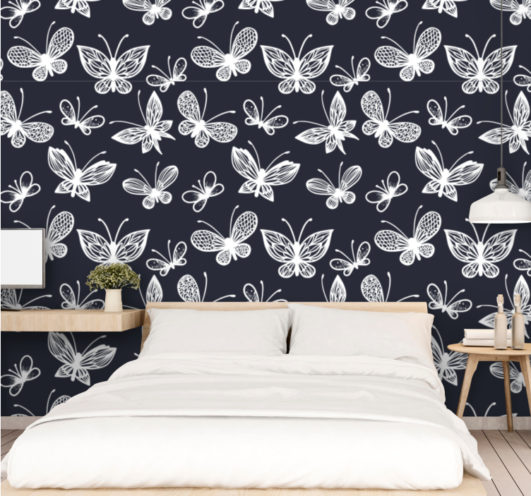 Papel mural mariposas patrón de mariposa blanca y azul profundo - TenVinilo