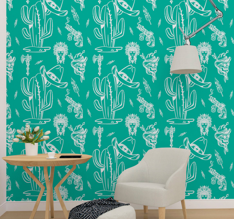 Papel mural moderno patrón de vaquero de cactus - TenVinilo