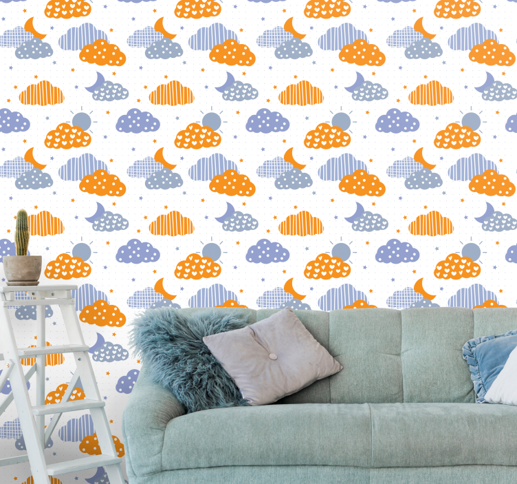 Papel mural infantil nubes azules y naranjas y sol - TenVinilo