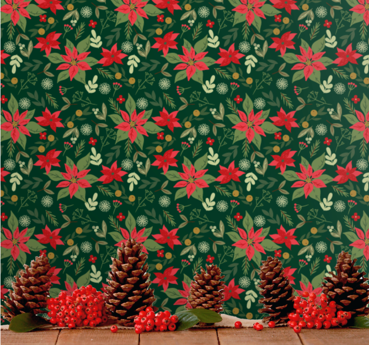 Papel mural navideño patrón floral festivo - TenVinilo