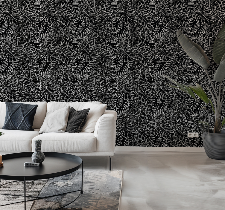 Papel mural negro hojas grandes - TenVinilo