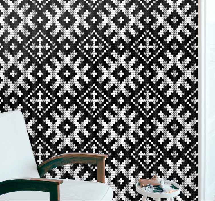 Papel mural geométrico patrón navideño en blanco y negro - TenVinilo