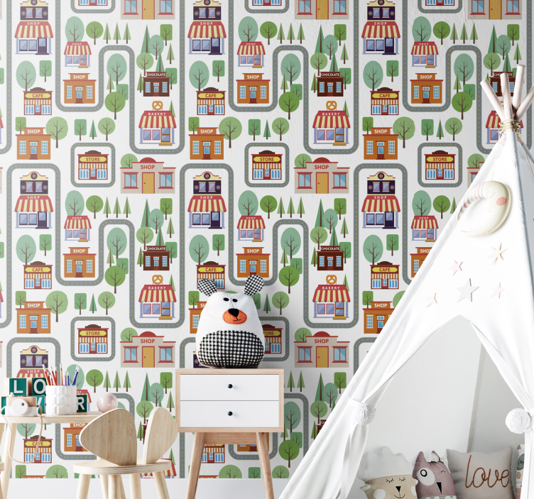 Papel pintado infantil de aldea colorida - TenVinilo