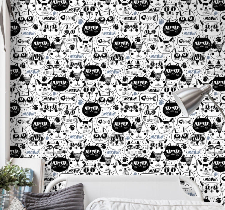 Papel pintado infantil gato blanco y negro - TenVinilo