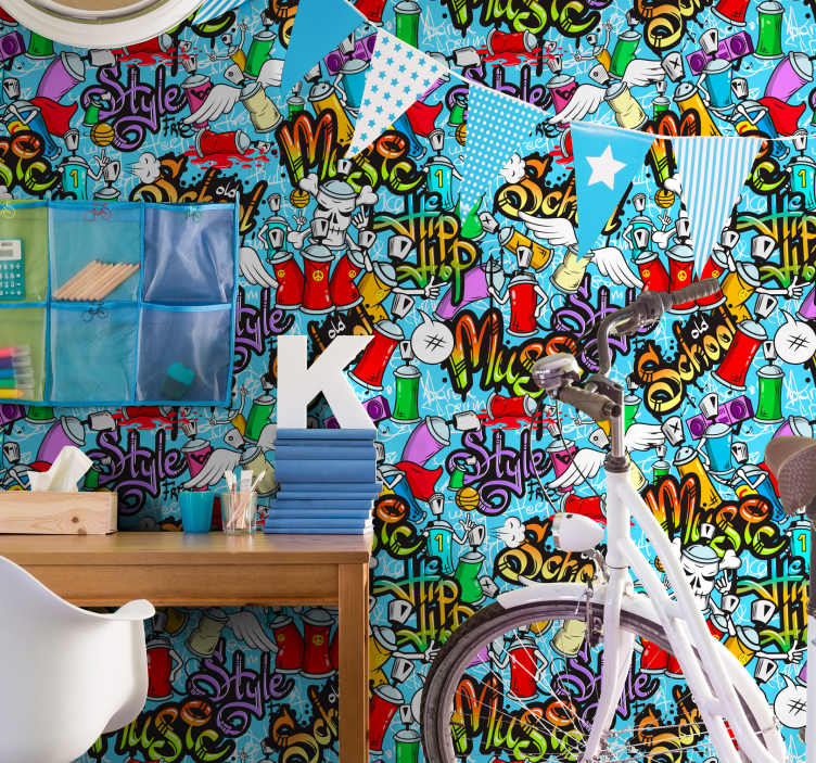 Papel pintado juvenil grafitti urbano azul - TenVinilo