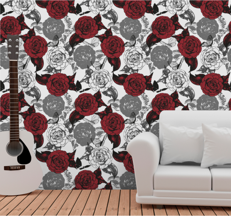 Papel pintado flores arreglo floral rojo - TenVinilo