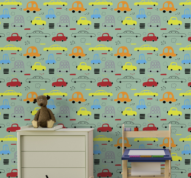 Papel mural infantil patrón de coche de juguete - TenVinilo