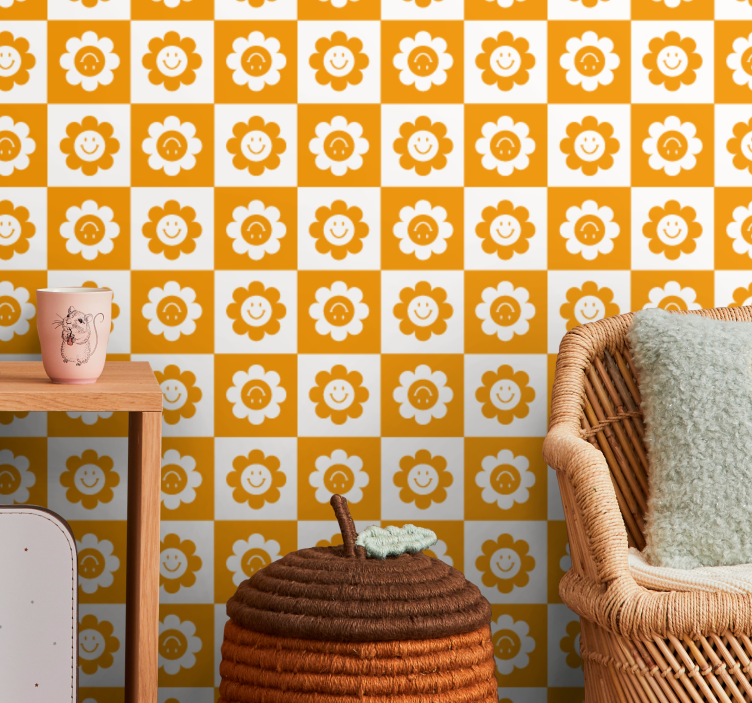 Papel pintado juvenil Cuadrados y flores - TenVinilo