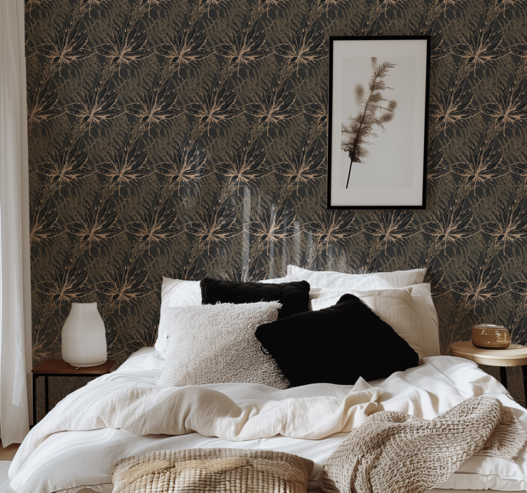 Papel mural negro grandes hojas doradas - TenVinilo