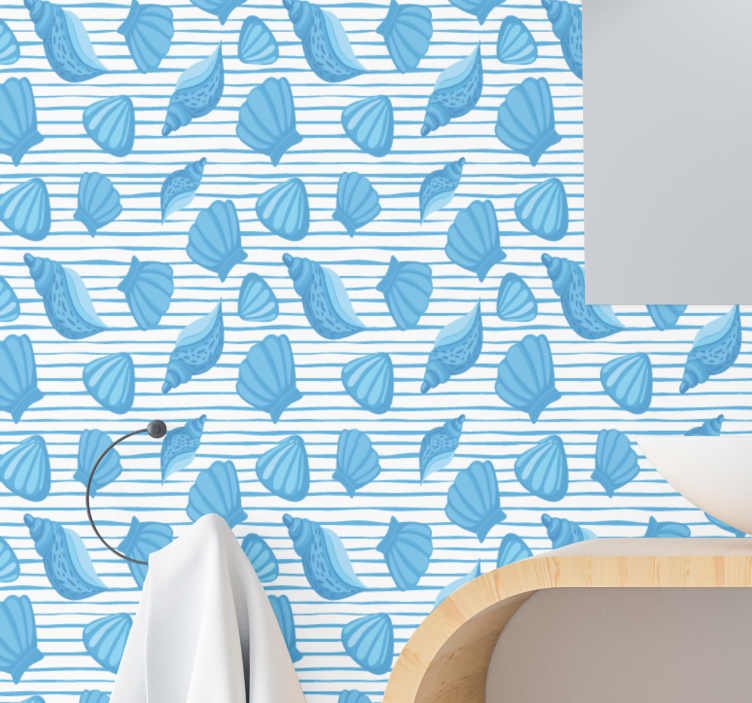 Papel pintado baño Conchas y rayas azules - TenVinilo