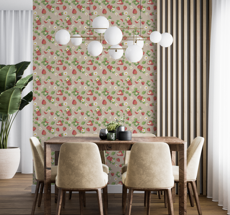 Papel pintado comedor patrón fresas y flores - TenVinilo
