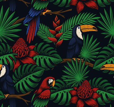 Papel pintado animales Loros y plantas de la selva oscura - TenVinilo