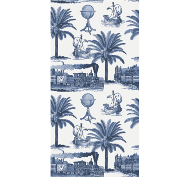 Papel mural barroco palmeras y trenes azules - TenVinilo