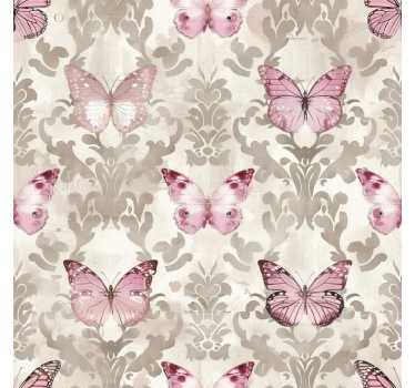 Papel mural barroco patrón de mariposas rosadas - TenVinilo